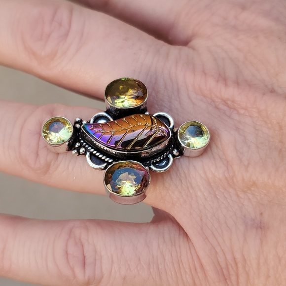 New Carved Rainbow Hematite, Citrine and Ametrine 925 Silver Ring. - Picture 9 of 13